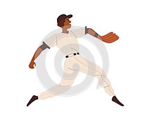 Baseball pitcher player running with ball to throw. Athlete thrower in pitch glove. Sports man playing game. Happy