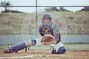 Baseball, pitcher and portrait of an athlete with a glove on outdoor field for game or training. Fitness, sports and man