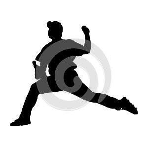 Baseball Pitcher silhouette, stretched forward to delivery a pitch from a  rubber mound