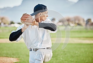 Baseball, pitcher and sports with man on field of stadium for training, practice and workout. Fitness, exercise and