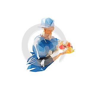 Baseball pitcher throwing ball. Low polygonal logo. Isolated geometric vector drawing from triangles
