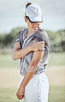 Baseball player, arm injury and pain during sports training, fitness exercise and athlete practice outdoor on field