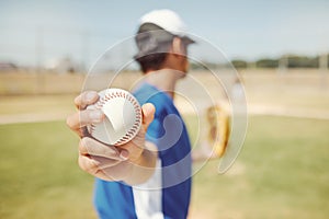 Baseball player, ball and man hands in fitness game, workout match or training competition sports field. Zoom, softball