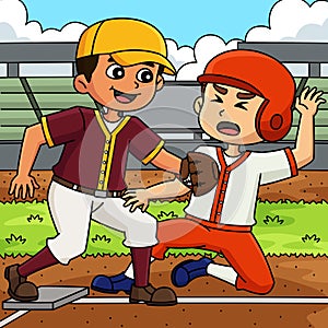 Baseball Player Base Tagging Colored Cartoon