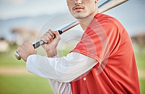 Baseball player, bat or man in a game competition, training match on stadium pitch closeup. Fun softball exercise