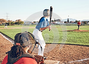 Baseball player, bat and outdoor on a pitch for sports, performance and competition. Professional athlete or softball