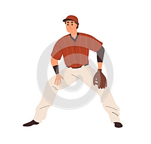 Baseball player catcher with glove on hand. Athlete sportsman playing sport field game, standing in waiting position