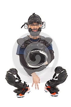 Baseball player , catcher showing secret signal gesture