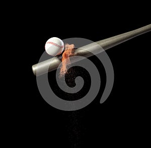 Baseball player hit ball with silver bat and sand soil explode in air. Baseball players in dynamic action hit ball smoke tail.