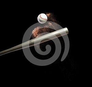 Baseball player hit ball with silver bat and sand soil explode in air. Baseball players in dynamic action hit ball smoke tail.