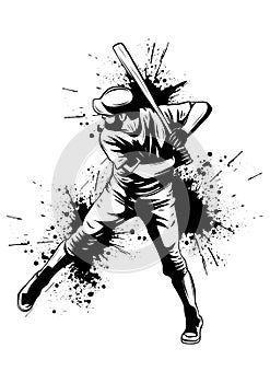 Baseball player, hitter swinging with bat, abstract isolated vector silhouette, ink drawing