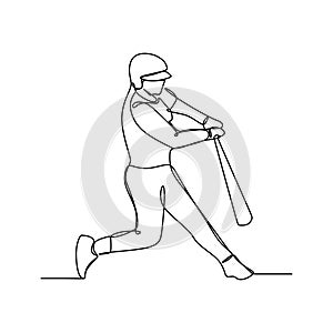 Baseball player, hitter swinging with bat, continuous line drawing vector illustration