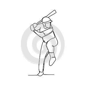 Baseball player, hitter swinging with bat, continuous line drawing vector illustration