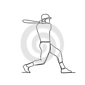 Baseball player, hitter swinging with bat, one line drawing vector illustration