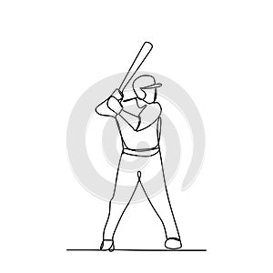 Baseball player, hitter swinging with bat, one line drawing vector illustration