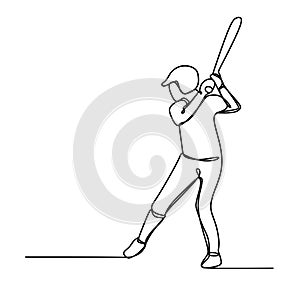 Baseball player, hitter swinging with bat, one line drawing vector illustration