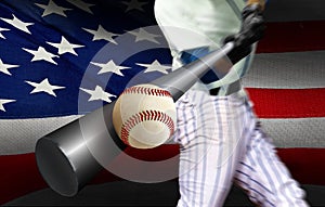 Baseball player hitting ball with American flag