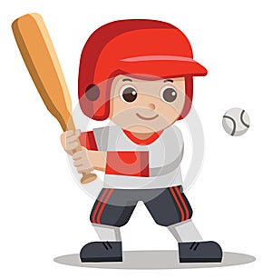 Baseball player hitting ball with wooden bat.