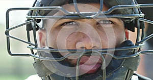 Baseball player, man closeup and helmet in game on a field for workout, fitness and training outdoor. Exercise, athlete