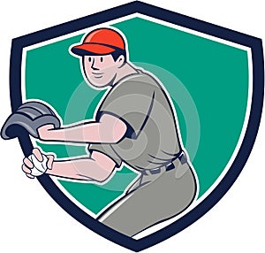 Baseball Player OutFielder Throwing Ball Crest Cartoon