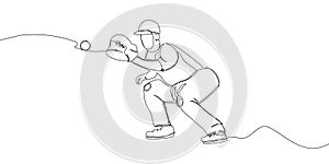 Baseball player pitcher, catcher one line art. Continuous line drawing sport, team game, catch ball, baseball glove, man