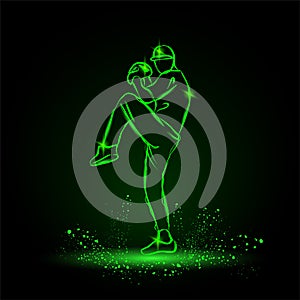 Baseball player pitcher with leg up getting ready to throw ball. neon style