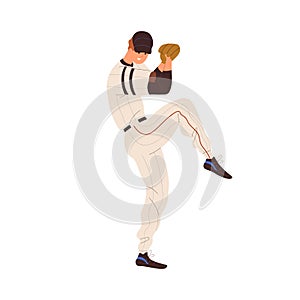 Baseball player, pitcher in pitch glove. Athlete thrower playing base ball, softball. Sports man during field game