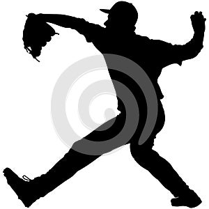 Baseball player, pitcher while throwing ball. Pitcher throwing a ball. Detailed realistic silhouette