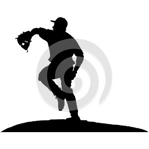 Baseball player, pitcher while throwing ball. Pitcher throwing a ball on pitcher mound. Detailed realistic silhouette