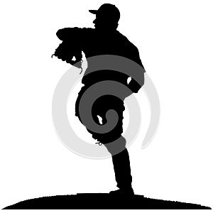 Baseball player, pitcher while throwing ball. Pitcher throwing a ball on pitcher mound. Detailed realistic silhouette