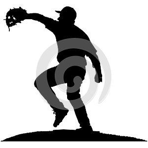 Baseball player, pitcher while throwing ball. Pitcher throwing a ball on pitcher mound. Detailed realistic silhouette