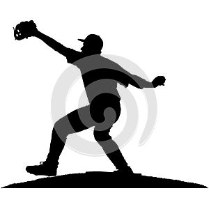 Baseball player, pitcher while throwing ball. Pitcher throwing a ball on pitcher mound. Detailed realistic silhouette