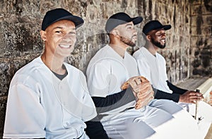 Baseball player portrait, bench or sports man on field at competition, training match on a stadium pitch. Softball