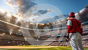 Baseball player positioned at stadium center, prepared for play, showcased on a wide banner display