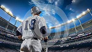 Baseball player ready in center of arena, wide view as stadium banner for optimal search relevance