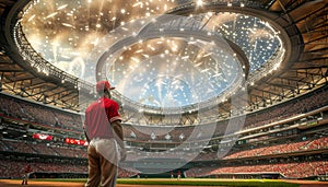 Baseball player in ready stance at center of baseball stadium, wide banner view for sports fans