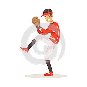 Baseball player in a red uniform pitching vector Illustration