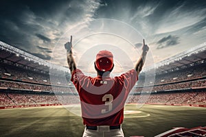 Baseball player in red uniform standing with arms raised against rugby stadium, rear view of Baseball player throwing the ball on