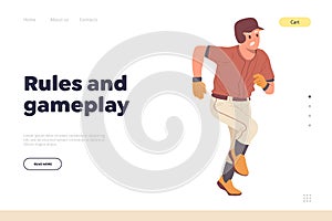 Baseball player running design on landing page template offering rules and game play information