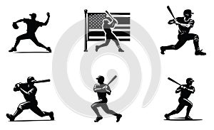 Baseball player silhouettes 6 set in different poses