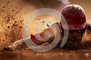 Baseball player sliding to base. Generative AI