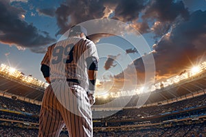 Baseball player standing in middle of stadium, ready for game, wide view banner shot