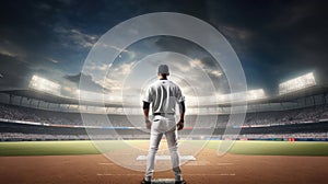 Baseball player standing ready in the middle of baseball arena stadium