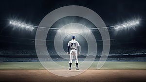 Baseball player standing ready in the middle of baseball arena stadium