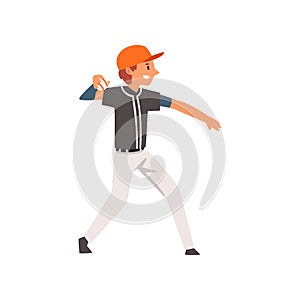 Baseball Player Throwing Ball, Softball Athlete Character in Uniform Vector Illustration