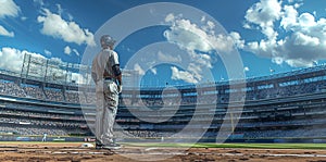 Baseball player throws the ball on professional baseball stadium