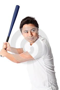 Baseball player in white t-shirt with bat