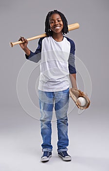 Baseball, portrait and black child in a studio with smile, sport and fitness gear with game of kid. Youth, happy and