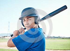 Baseball, portrait and a person with bat outdoor on pitch for sports performance or competition. Professional athlete or