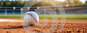 A baseball resting on the pitcher's mound in an empty stadium. Panorama with copy space.